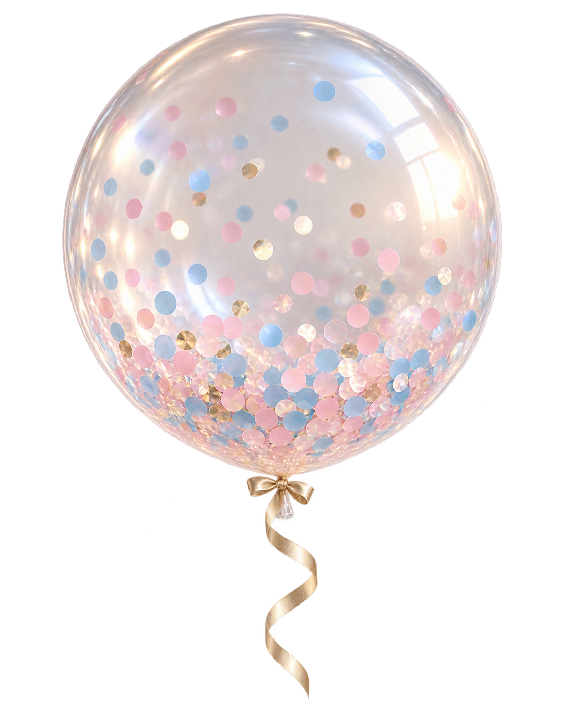 Globo transparente con confeti rosa y azul